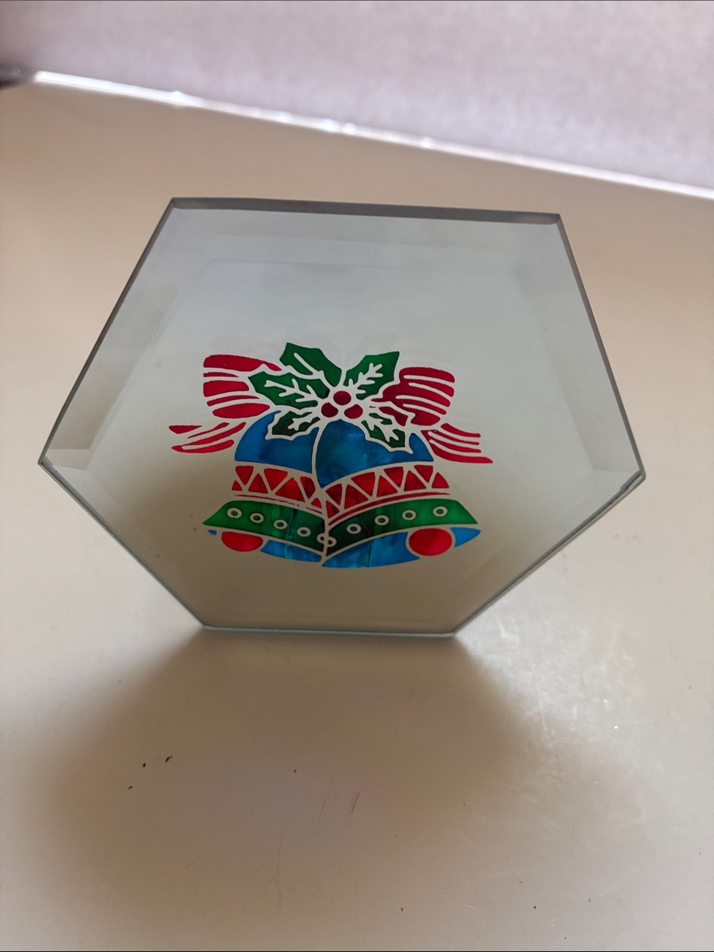 Vintage Hexagonal Glass Votive Holder with Colorful Holiday Bells